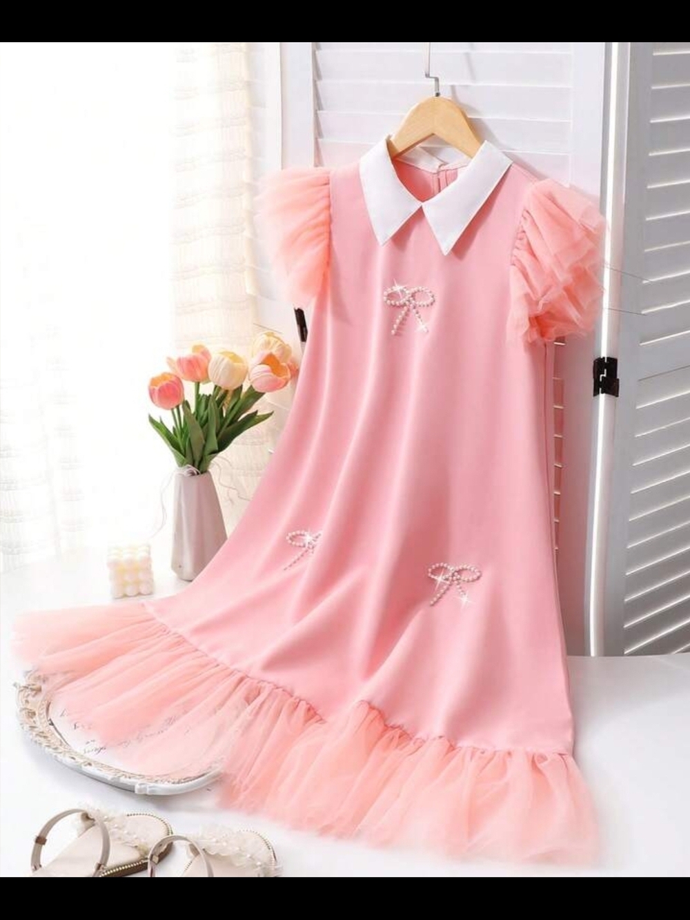 Girls Pink Pearl-Bow Tulle Dress with White Collar